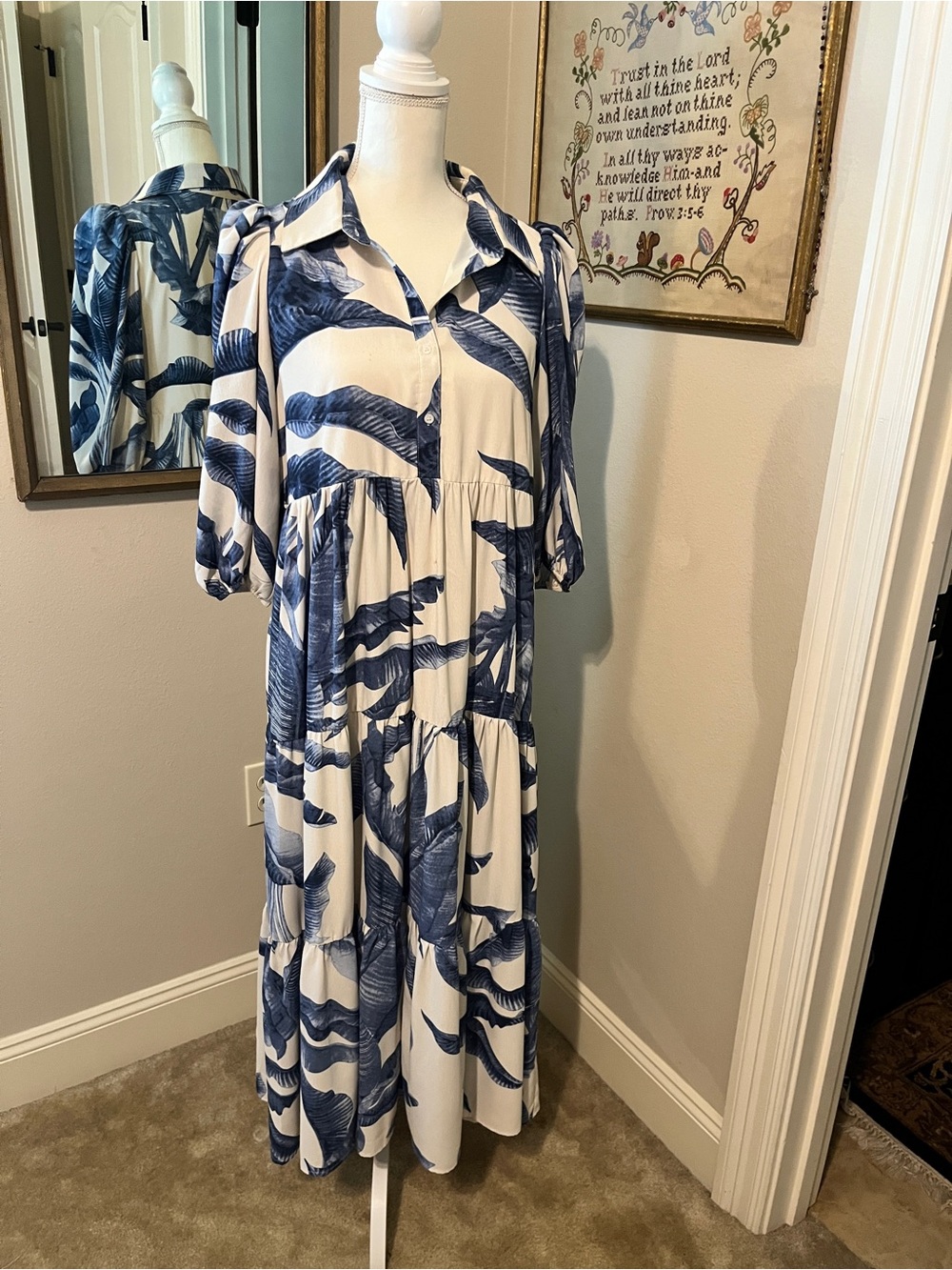 TCEC Cream Maxi Dress with Blue Tropical Leaf Print